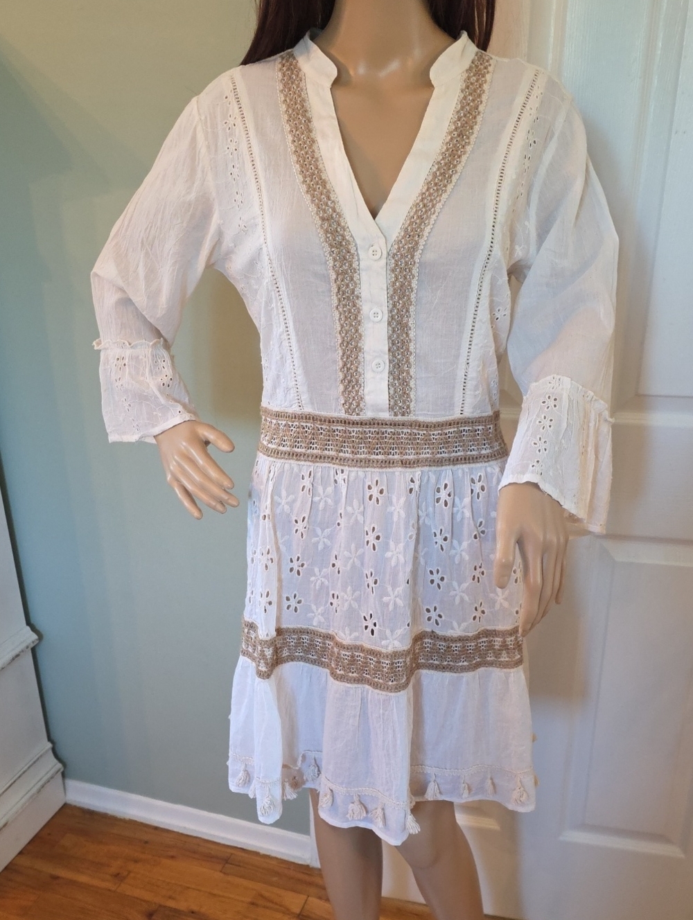 Anthropologie Me 2 Magic Boho Eyelet Lace Tiered Dress with Tassel Trim Cotton M